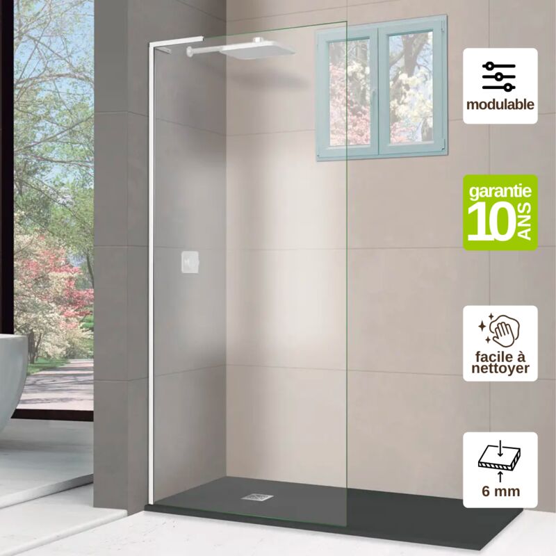 Pare douche fixe en verre sécurité transparent ép 6mm anti calcaire, L.100H.195 cm, profilé blanc brillant Superban Mont Blanc e