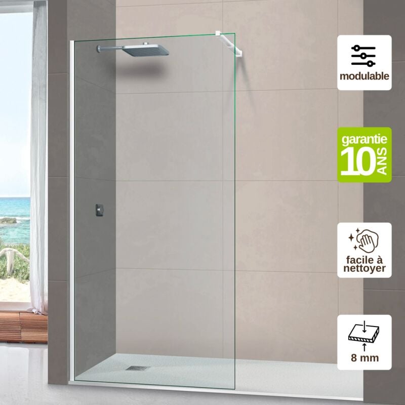 Pare douche fixe en verre sécurité transparent ép 8mm anti calcaire, L.120H.195 cm, profilé blanc brillant Superban Mont Blanc cc