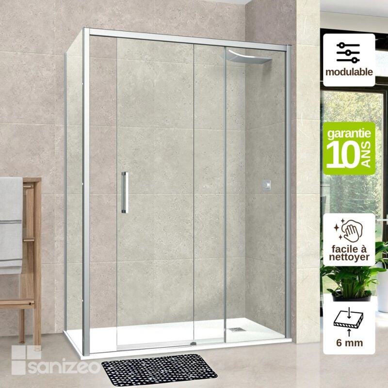 Pare douche porte coulissante et paroi latérale gauche, L.148/152l.80H195 cm, verre 6mm sécurit Easy Clean Chrome Superban Vézannes 2PL