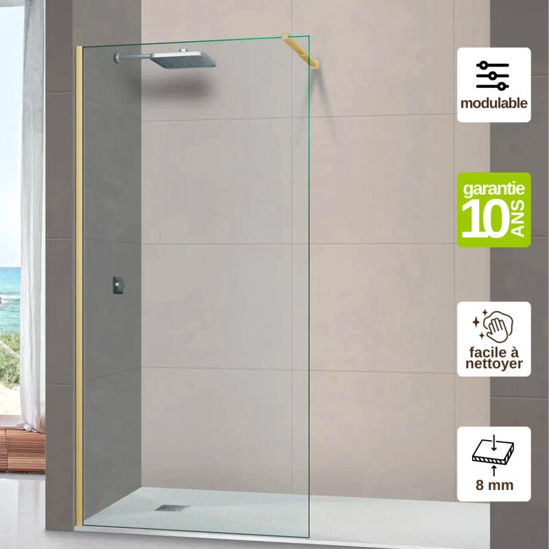 Pare douche fixe en verre sécurité transparent ép 8mm anti calcaire, L.120H.195 cm, profilé or brossé Superban Mont Blanc cc