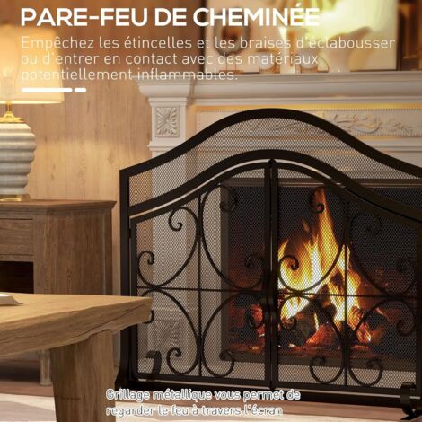 Pare-feu cheminée, Grille de Protection pour cheminée, Panneau Unique en Maille d'acier, Sommet arqué, serviteur cheminée avec Double Porte magnétiques, 105 x 40 x 80,5 cm, Noir