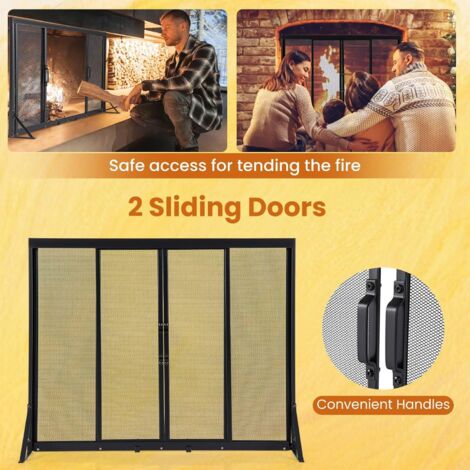 Pare-soleil pour cheminées à bois, protection anti-éclaboussures pour cheminées avec portes coulissantes et poignée, protection pour poêle, maille métallique 4 pièces, filet décoratif (96 x 33 x 79 cm