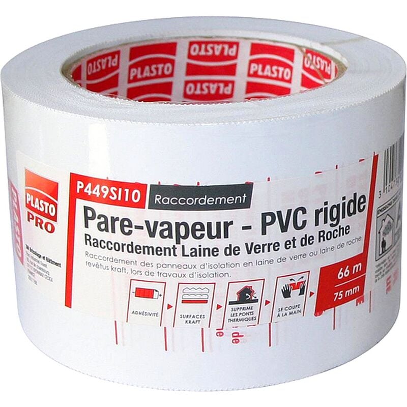 Pare-vapeur adhésif pvc rigide plasto pro - joint panneaux laine de verre et de roche - 75mm x 66m