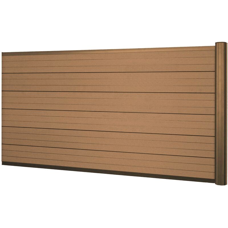 Pare-vue en wpc Sarthe, clôture coupe-vent, poteaux en aluminium élément d'extension bas, 1,85m teck - brown