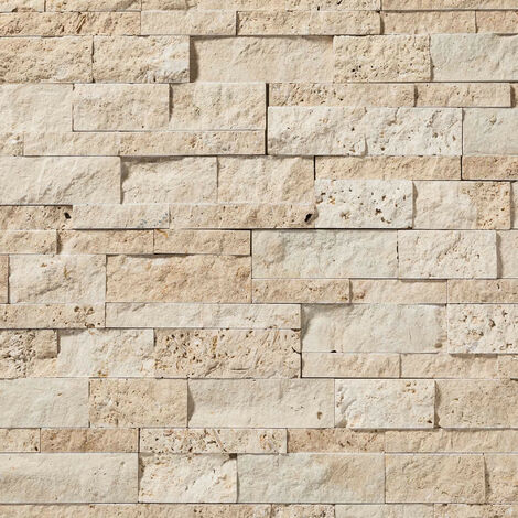 Parement en travertin brut beige – Dimensions 60x15x1,5-2,5 cm – Surface 0,09 m² par plaque – Pour murs intérieurs et extérieurs