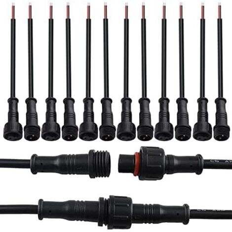 Pares de enchufes impermeables, conector bipolar LED macho/hembra, protección IP65 contra el agua, con cable de 20 cm para cable de extensión de bajo voltaje de 16-22 AWG.