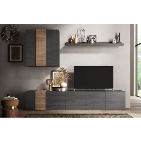 Parete attrezzata 301x44x195h Sabry colore titanio rovere Kadiz