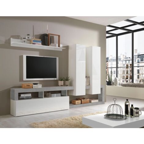 Parete attrezzata Big linea Frame in Bianco Lucido e Cemento