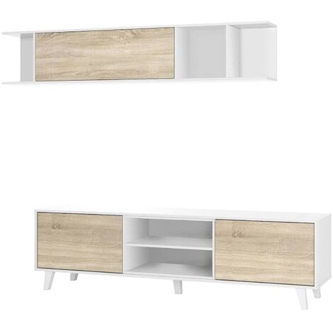 Parete attrezzata Buffalo, Mobile da soggiorno porta TV, Composizione per salotto con pensile, 180x41h51 cm, Bianco e Rovere