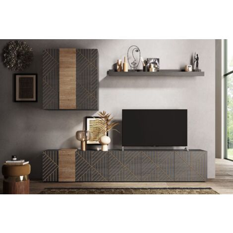 Parete attrezzata linea Olimpo finitura Titanio e Rovere Kadiz con serigrafia