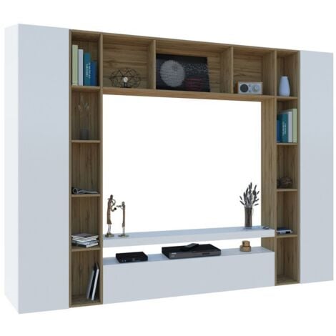 Parete Attrezzata Moderna per Soggiorno 270X35X210cm - CHRONOS - Colore: bianco laccato lucido/acero wotan