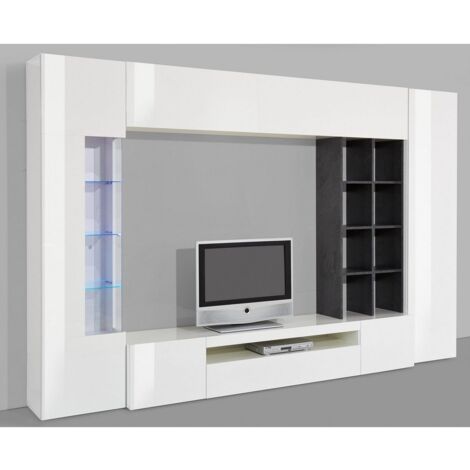 Parete Attrezzata Moderna per Soggiorno 290x40x192,2cm - STELLAR - Colore: bianco laccato lucido/report