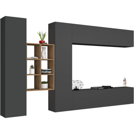 Parete Attrezzata Moderna per Soggiorno 320x30x180cm - ECHO - Colore: antracite opaco