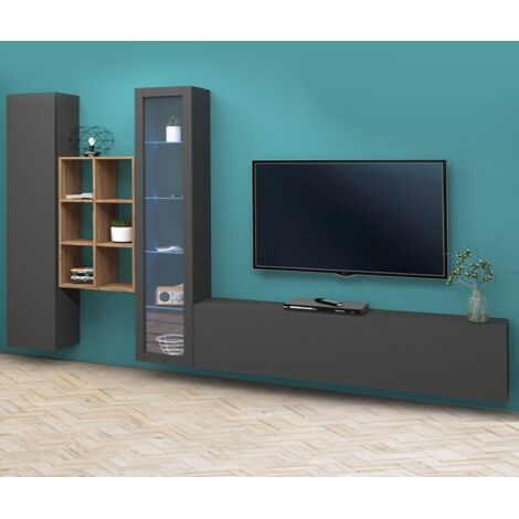 Parete Attrezzata Moderna per Soggiorno 320x30x180cm - ECHO - Colore: antracite opaco