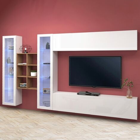 Parete Attrezzata Moderna per Soggiorno 320x30x180cm - ECHO - Colore: bianco laccato lucido