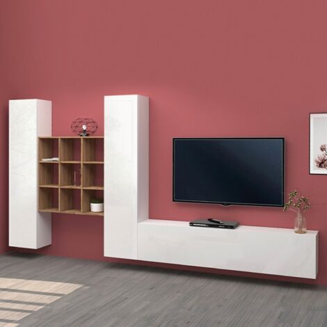 Parete Attrezzata Moderna per Soggiorno 350x30x180cm - ECHO - Colore: bianco laccato lucido