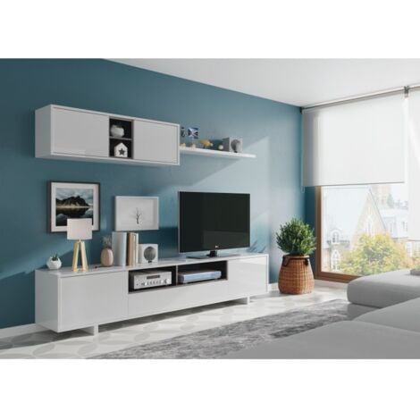 CAESAROO Parete attrezzata porta Tv 200 cm bianco lucido e grigio antracite - Paide