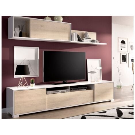 Parete attrezzata porta tv 200 cm bianco lucido e rovere naturale - Marsiglia