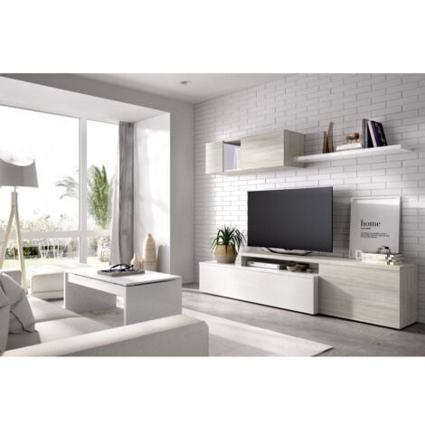 Parete attrezzata porta Tv 201 cm Marylin Bianco lucido e Rovere grigio Bianco e Grigio