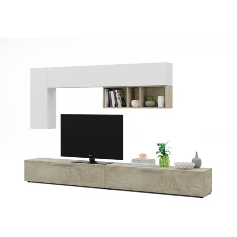 Parete attrezzata porta TV 260 cm bianco opaco e rovere - Sotira