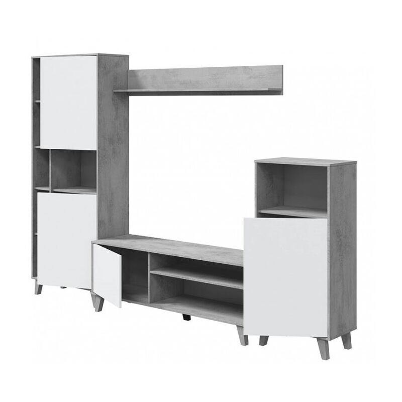 Parete Attrezzata Porta Tv 260 Cm Bianco Opaco E Cemento Con Base 1...