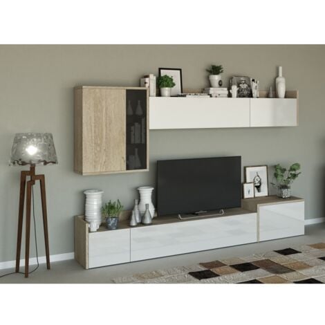 Parete attrezzata porta Tv 270 cm bianco lucido e rovere chiaro - Elva