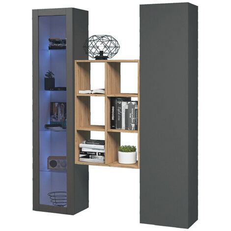 Parete Attrezzata Soggiorno 140x30x180 cm Maruska n°16 Grigio Antracite Opaco