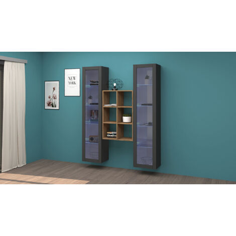 Parete Attrezzata Soggiorno 140x30x180 cm Maruska n°19 Grigio Antracite Opaco/Rovere Wotan