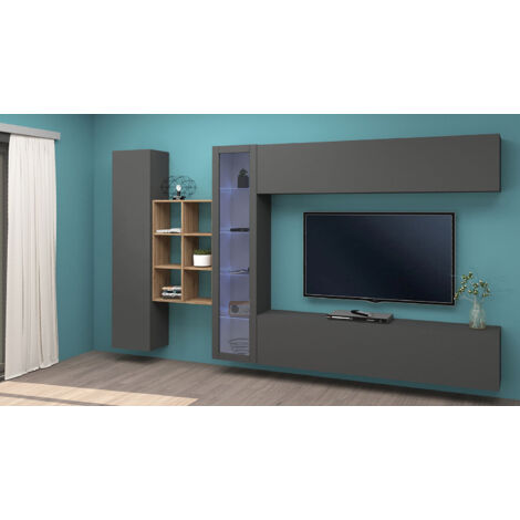 Parete Attrezzata Soggiorno 340x30x180 cm Maruska n°14 Grigio Antracite Opaco/Rovere Wotan