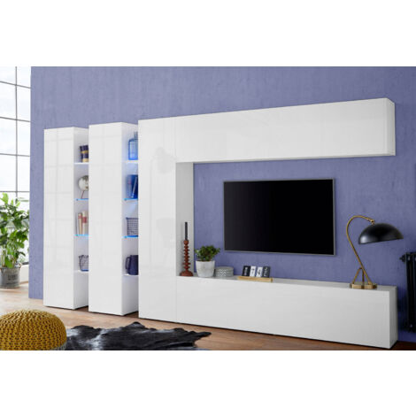 Parete Attrezzata Soggiorno 340x30x180 cm Maruska n°5 Bianco Lucido