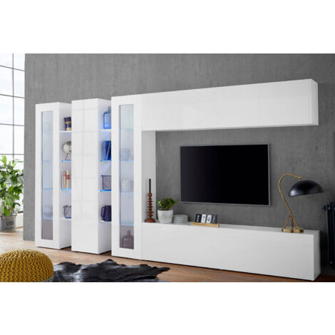 Parete Attrezzata Soggiorno 340x30x180 cm Maruska n°6 Bianco Lucido