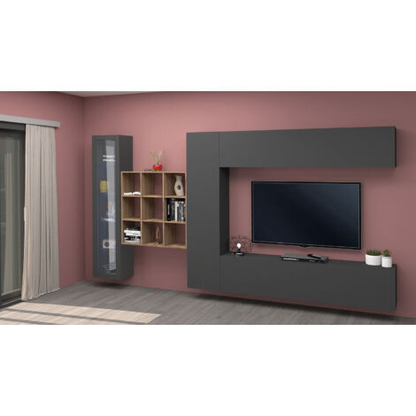Parete Attrezzata Soggiorno 350x30x180 cm Maruska n°23 Grigio Antracite Opaco/Rovere Wotan