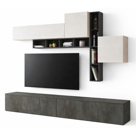 Parete Attrezzata Soggiorno Con Librerie Basi A Ribalta E Pensili Push-Pull Mobile TV Moderno Design Contemporaneo Reversibile 200 x 276 x 39.6 Cm Grafite Ossidata E Bianco