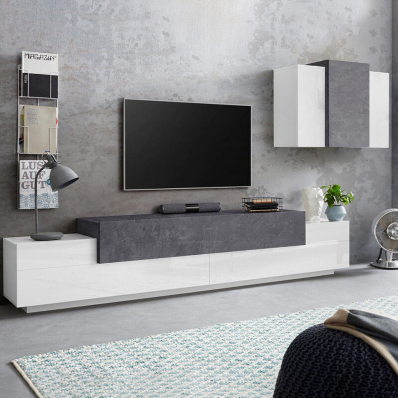 Parete Attrezzata Soggiorno Design Moderno Pensile Bianco Antracite...