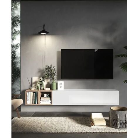 Parete attrezzata da soggiorno, Mobile porta TV con pensili, Salotto  moderno completo effetto marmo di Carrara, cm 240x50xh196, colore Bianco e