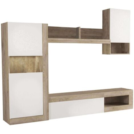 Parete attrezzata soggiorno mobile porta tv 148x42x215,5 cm di colore Bianco e Rovere chiaro mod. Roomy