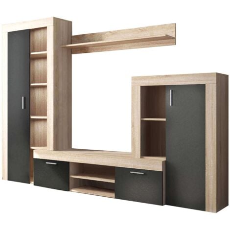 Parete attrezzata soggiorno mobile porta tv 300x40x198 cm di colore Antracite e Quercia chiaro mod. Nobel