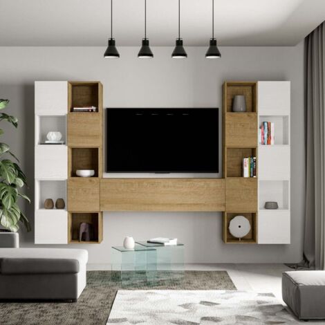 Parete Attrezzata da Soggiorno Porta TV Sospeso Salvaspazio in Legno MDF –  Marrone e Antracite 250x41x188h