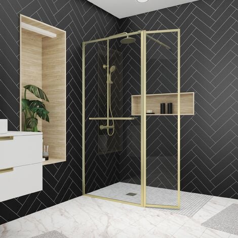 Parete doccia con Deflettore girevole 90+40x200cm - Portasciugamani e Mensola Oro Spazzolato