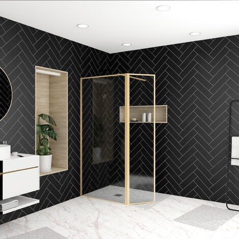 Parete per doccia e Deflettore 90+40x200 cm - Finitura Oro Spazzolato - GOLDY CONTOURING