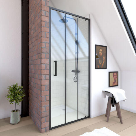 Parete Porta Doccia Pivotante Stile Industriale - 90x200 cm - Profilo Nero Opaco - Vetro 6 mm