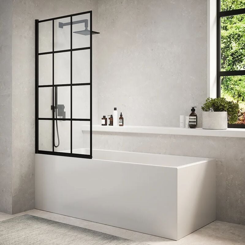 Parama - Paroi réversible au-dessus de la baignoire 100 cm Verre moulé de 6 mm avec traitement anti-calcaire Profils noirs - Mod. réversible Gyda