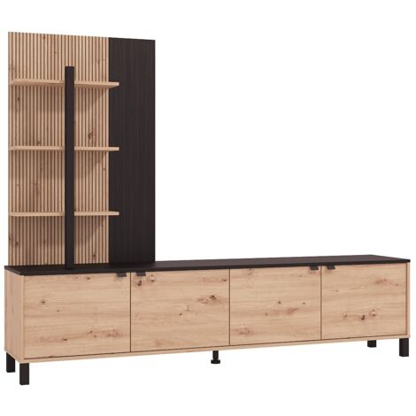 Parete TV con 4 ante e 3 scaffali Naturale e Nero - NUJA
