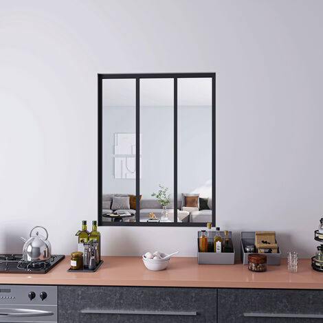 Parete Vetrata Interna 93x108 cm in Vetro Temperato Trasparente da 4 mm 3 Lastre Corniciate Profilo Nero Opaco Divisorio da Casa