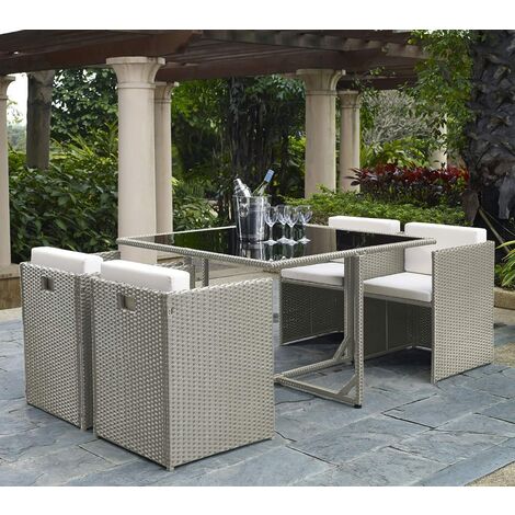 ECASA Paris Outdoor 4 Seater Light Grey Rattan Garden Dining Compact Cube Set With Square Dining Grey Tempered Glass