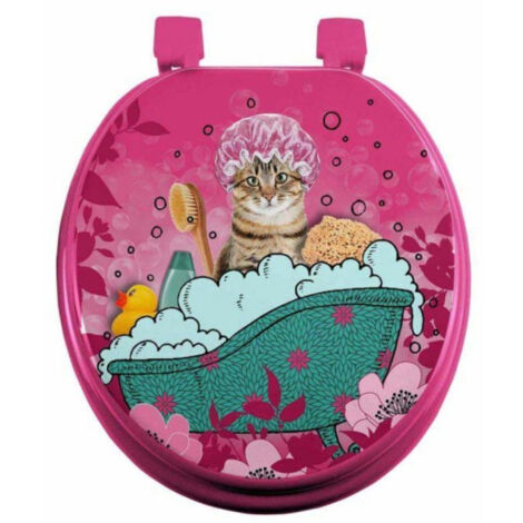 Paris Prix – Abattant WC imprimé 'Chatibulle' 47cm rose – MDF et plastique – Charnières en plastique – Pour salle de bain ludique