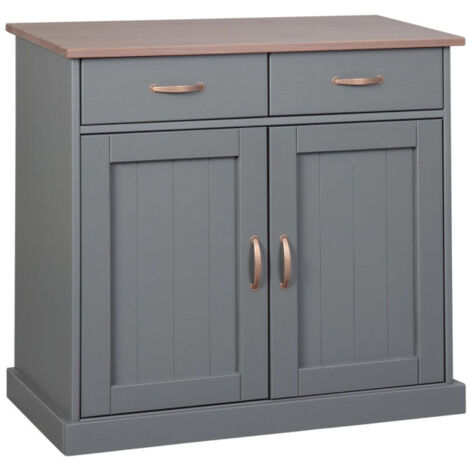 Paris Prix – Buffet 2 portes 2 tiroirs 90cm en bois massif pin – Tiroirs sur rails coulissants – Couleur gris et naturel – Dimensions L. 90 x l. 45 x H. 86 cm