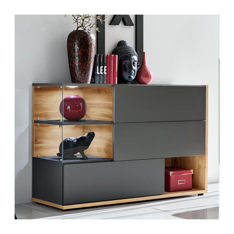 Buffet 3 Portes & 3 Niveaux "Silk" 120cm Gris & Naturel