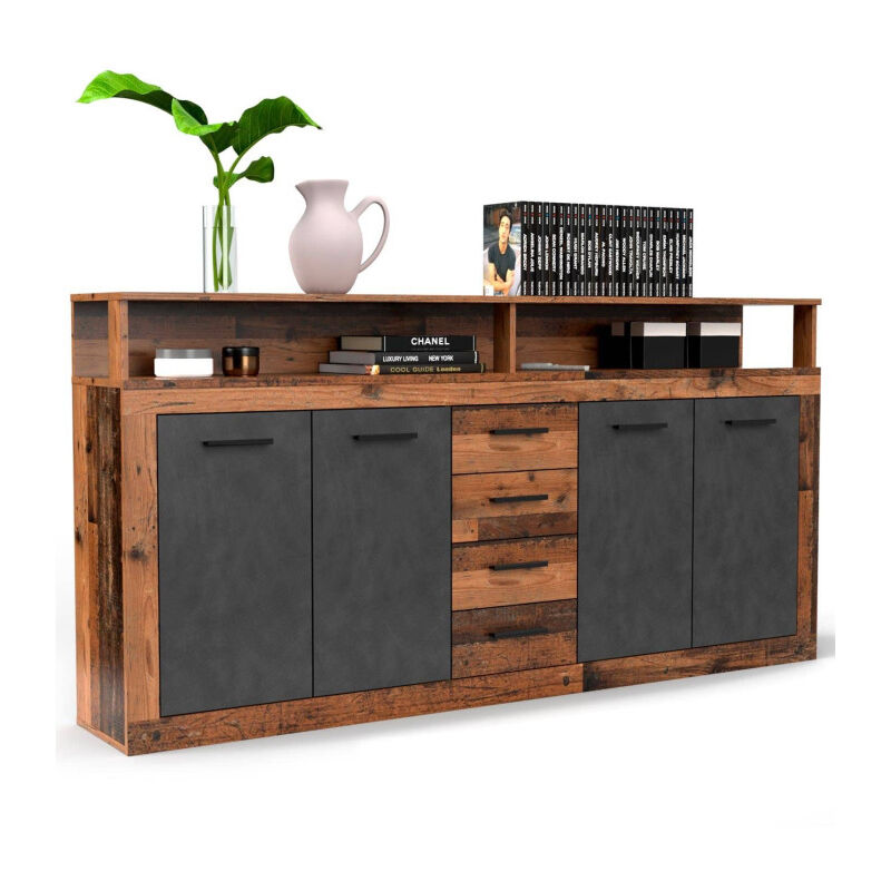 Paris Prix – Buffet moderne 4 portes et 4 tiroirs 190cm – Panneau de particules mélaminé – Chêne foncé et gris – Style industriel élégant Paris Prix – Buffet moderne 4 portes et 4 tiroirs 190cm – Panneau de particules mélaminé – Chêne foncé et gris – Style industriel élégant