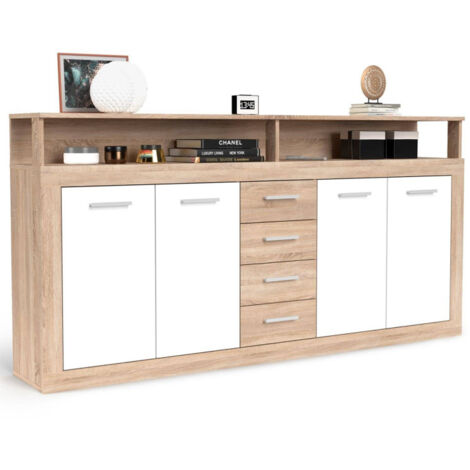 Paris Prix – Buffet 4 portes et 4 tiroirs Luna 190cm – Panneau de particules naturel et blanc – Design moderne pour intérieur industriel